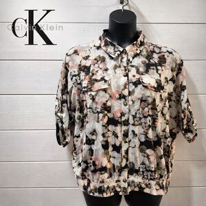 CALVIN KLEIN Black Floral Print Blouse-Style Jacket – Size XL (Estimated)
